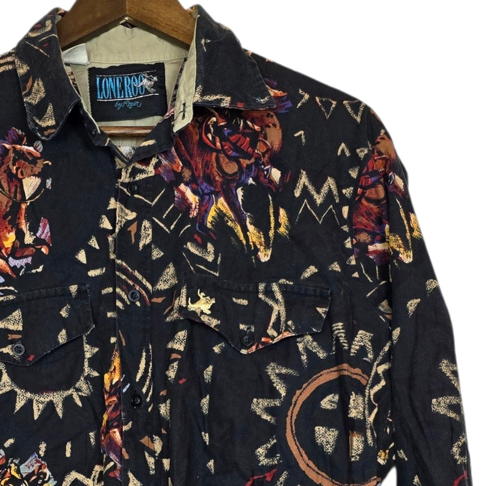Vintage Lone Roo by Roper Mens Large Button Up Native American Print Long Sleeve